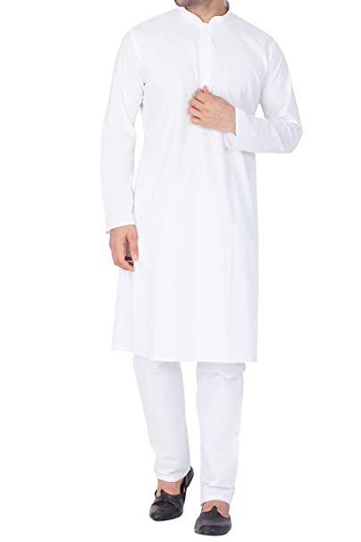 Men White Cotton Solid Kurta Pajama Set