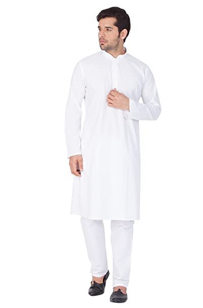 Men White Cotton Solid Kurta Pajama Set