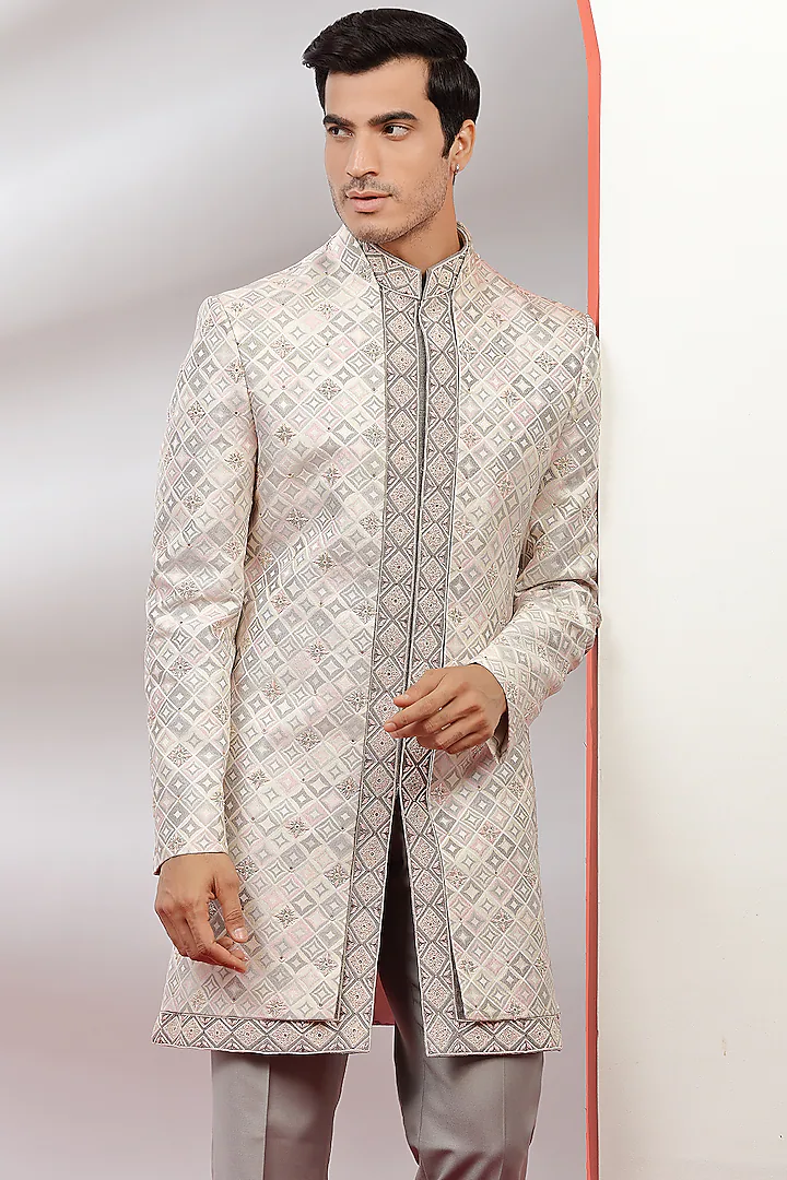 Grey & Pink Embroidered Indowestern Set