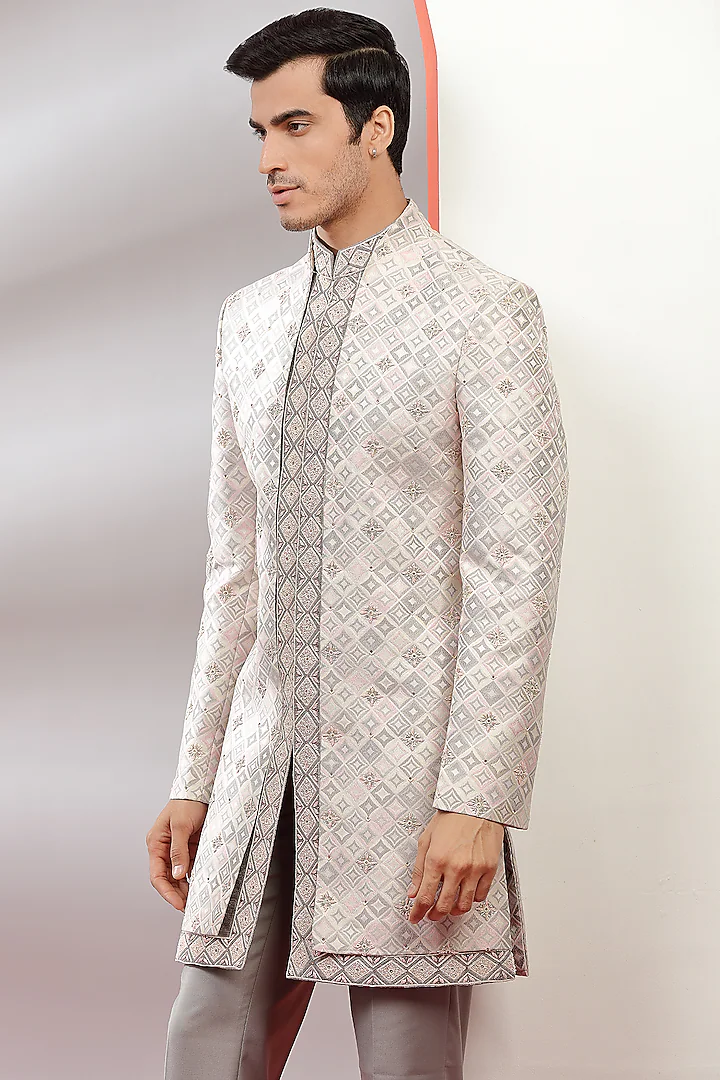 Grey & Pink Embroidered Indowestern Set