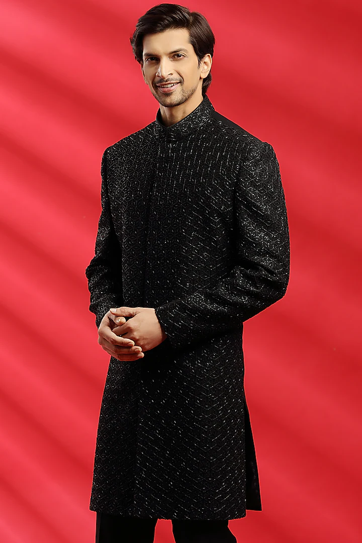 Black Embroidered Indowestern Set