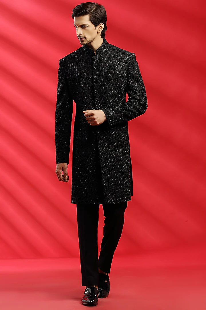 Black Embroidered Indowestern Set