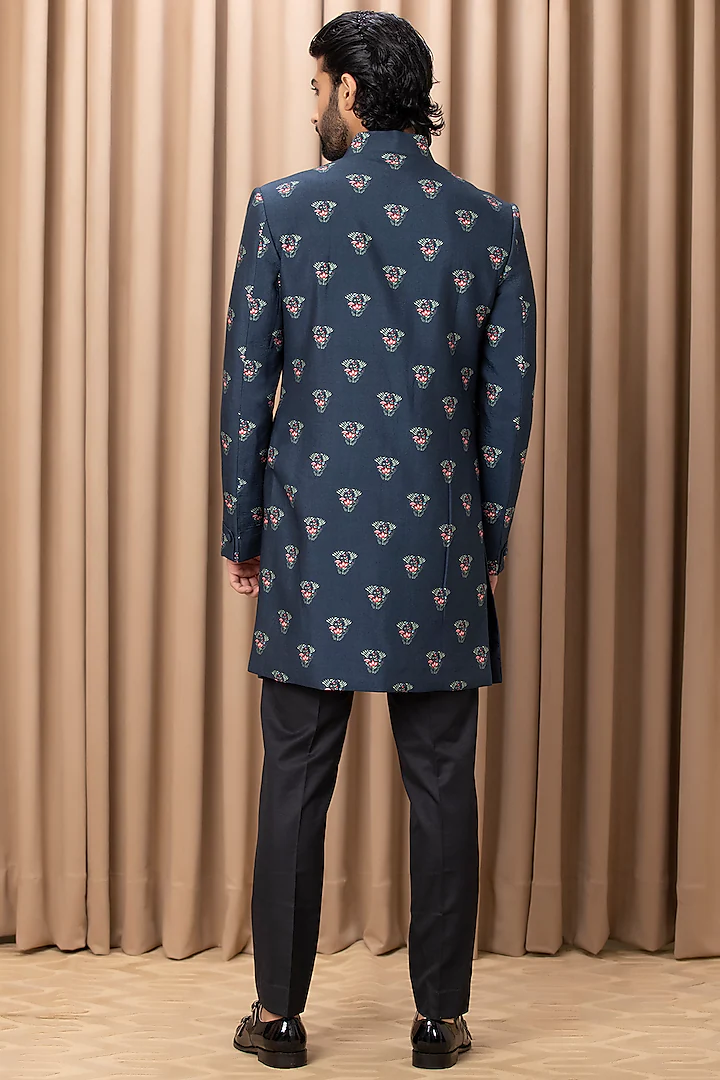 Navy Indowestern Jacket Set With Print