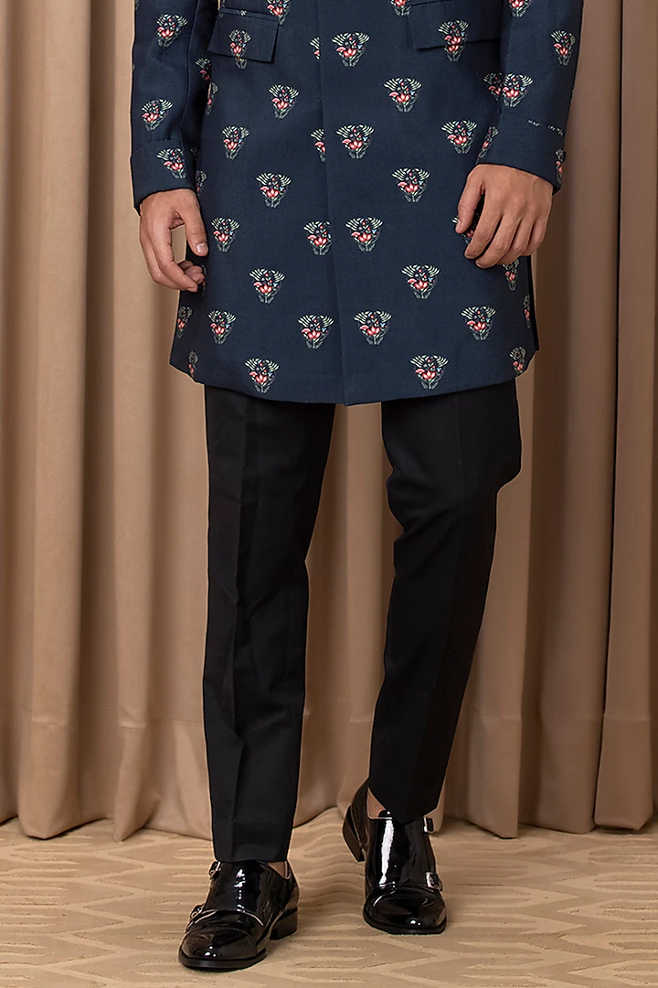 Navy Indowestern Jacket Set With Print