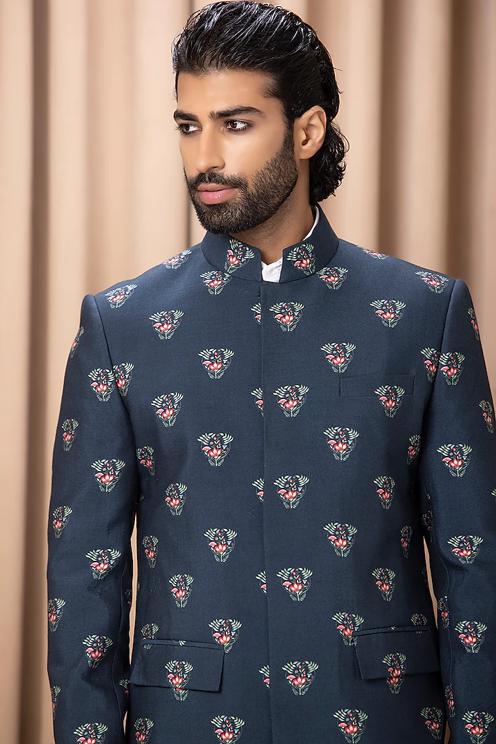 Navy Indowestern Jacket Set With Print