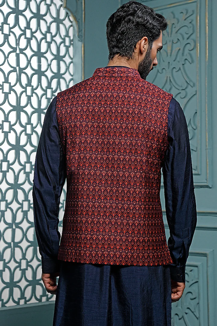 Mauve Printed Bundi Jacket Set With Kurta Set