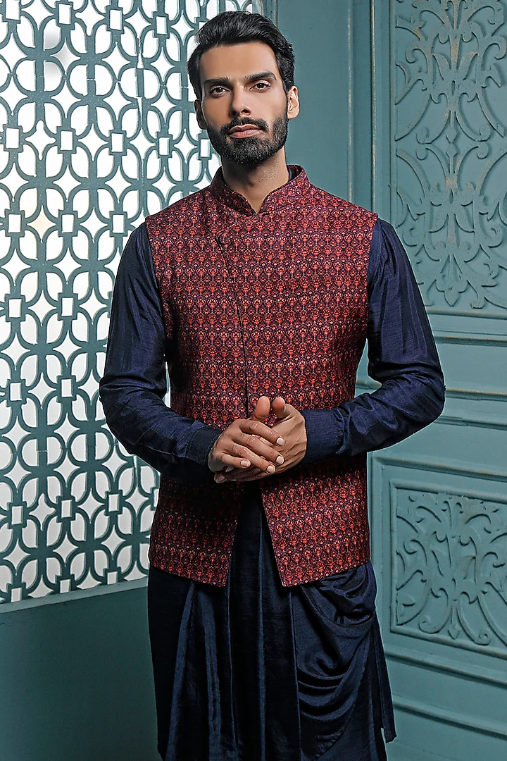 Mauve Printed Bundi Jacket Set With Kurta Set