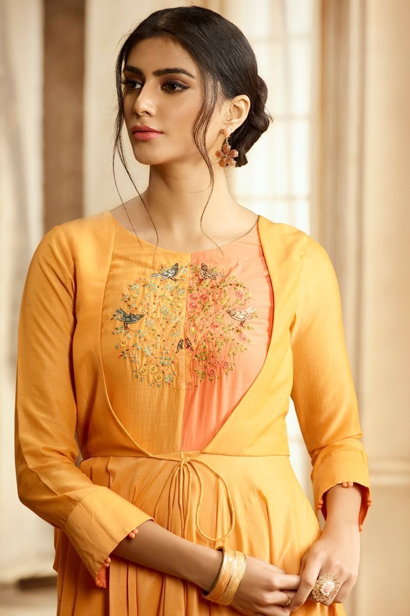 Chic Rayon Cotton Gown Style Kurti in Neutral Yellow Color