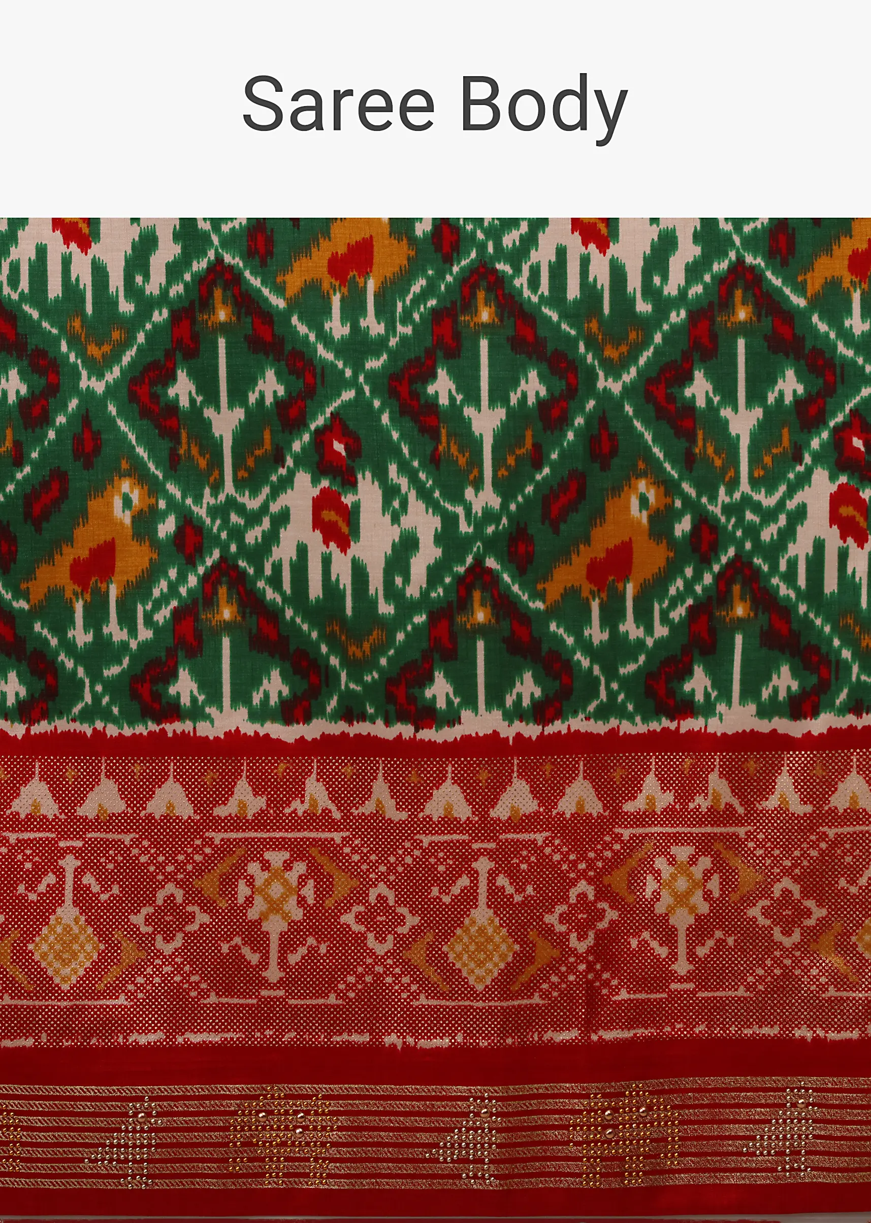 Bottle Green Saree In Silk With Multi Colored Patola And Foil Print And Contrasting Red Border