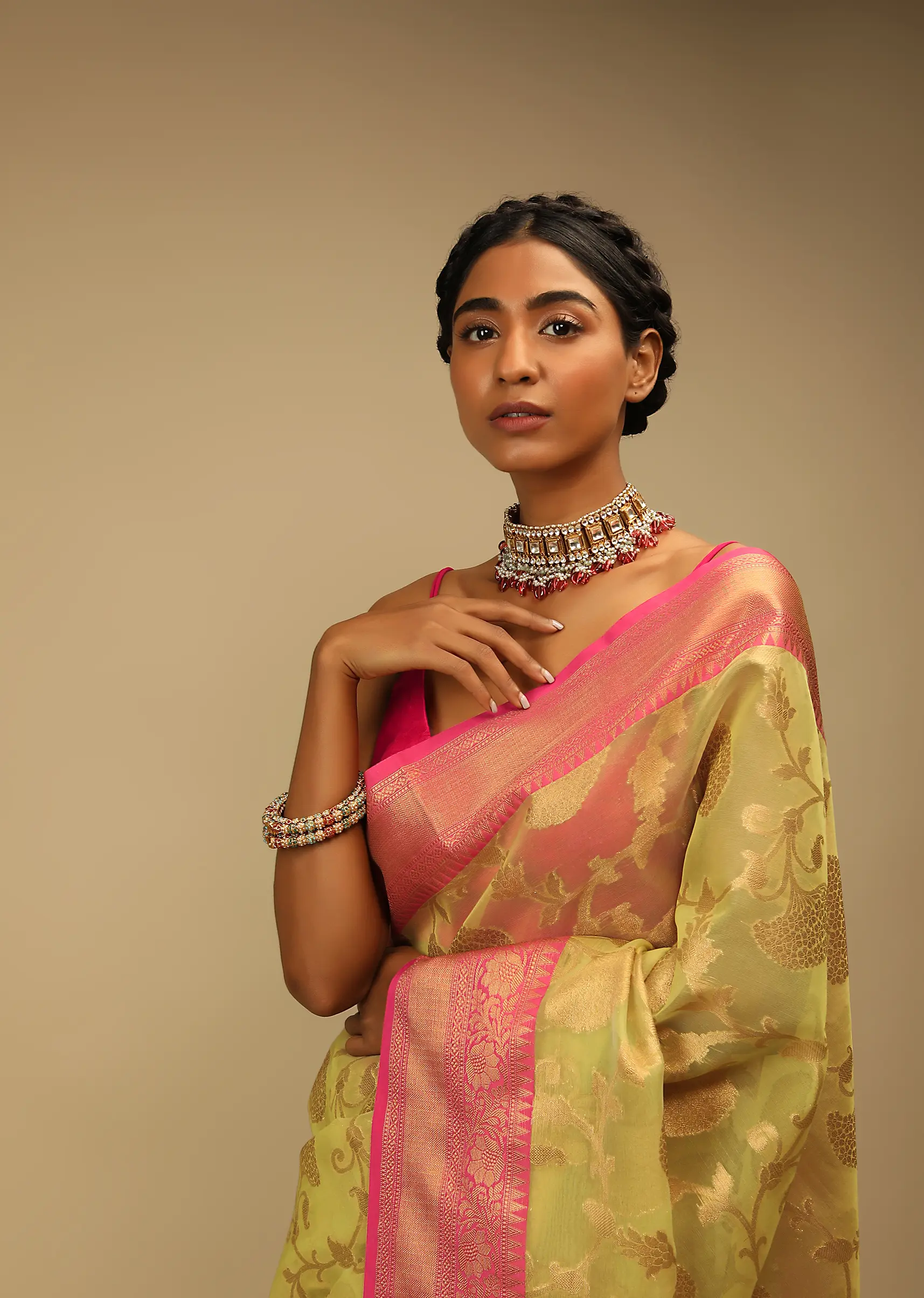 Celery Green Saree In Organza Silk With Golden Brocade Woven Floral Jaal And Magenta Border Design
