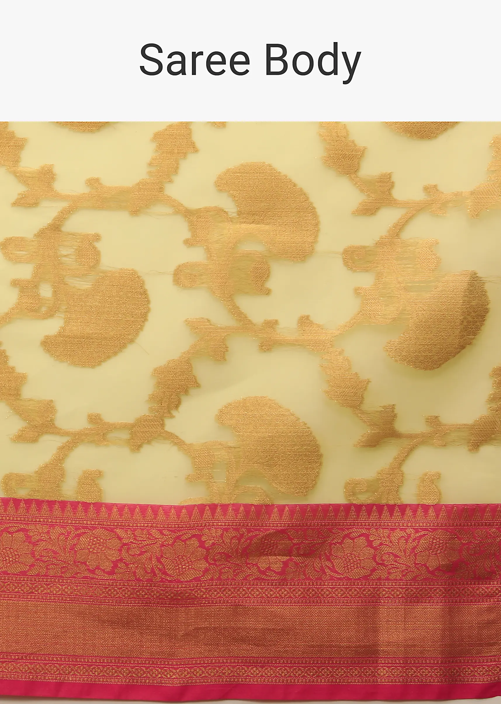 Celery Green Saree In Organza Silk With Golden Brocade Woven Floral Jaal And Magenta Border Design