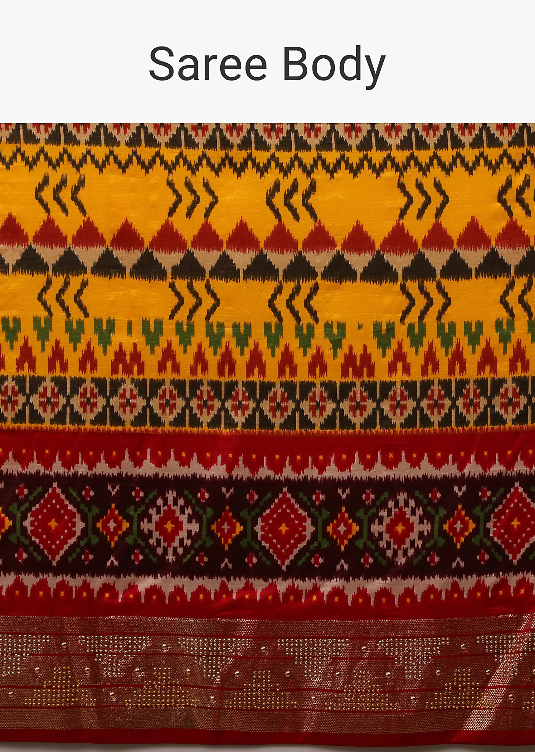 Chrome Yellow Saree In Silk With Multi Colored Patola And Foil Print And Contrasting Maroon Border