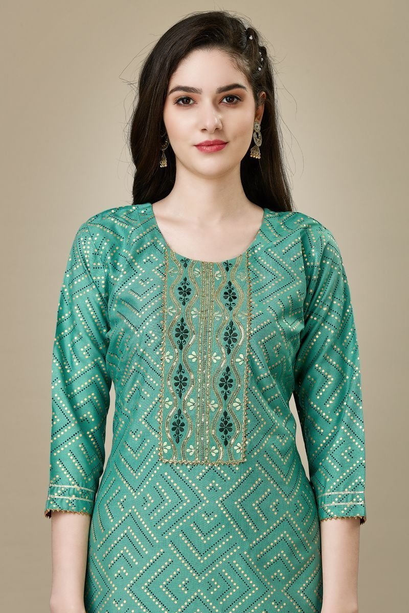 Radiant Sea Green Color Rayon Fabric Readymade Kurti With Pant