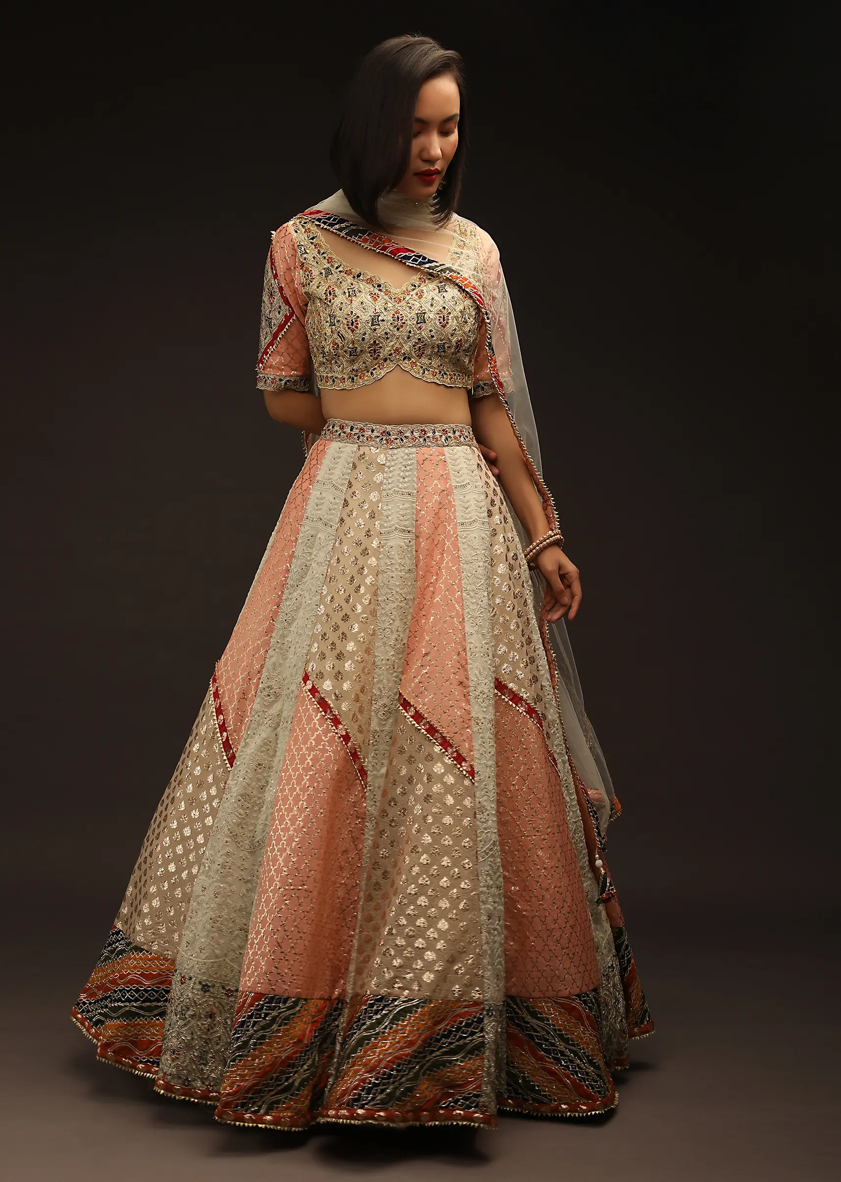 Multi Colored Lehenga Choli With Alternating Kalis Featuring Brocade Detailing And Lucknowi Thread Work