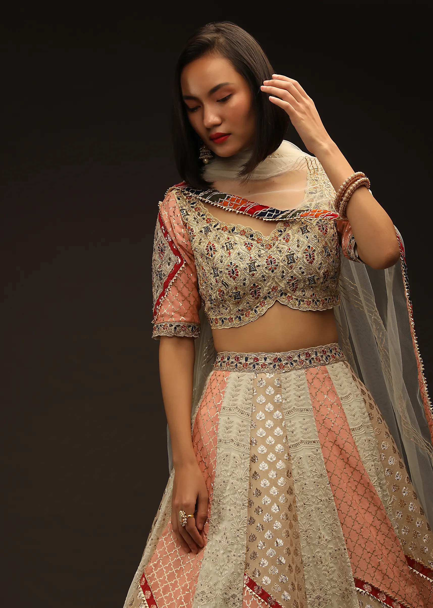 Multi Colored Lehenga Choli With Alternating Kalis Featuring Brocade Detailing And Lucknowi Thread Work
