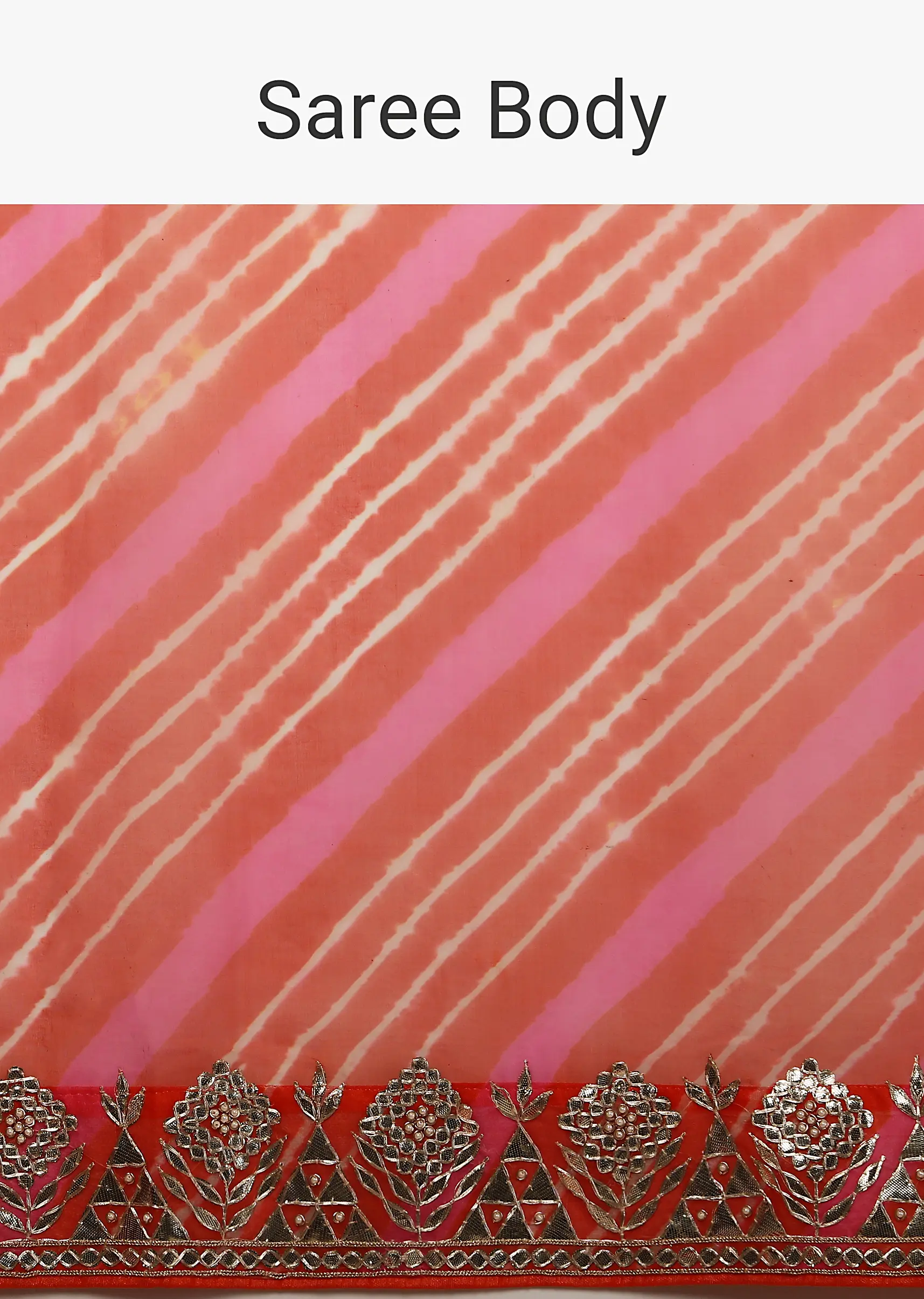 Orange And Fuchsia Dual Toned Saree In Organza With Lehariya Print And Gotta Patti Embroidered Geometric Floral Border