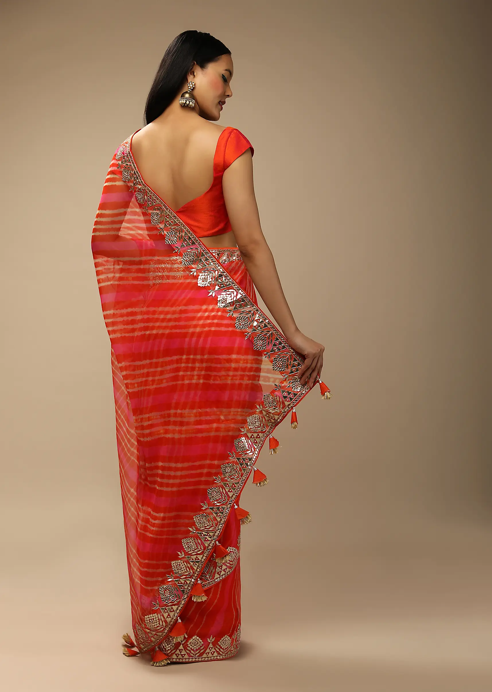 Orange And Fuchsia Dual Toned Saree In Organza With Lehariya Print And Gotta Patti Embroidered Geometric Floral Border