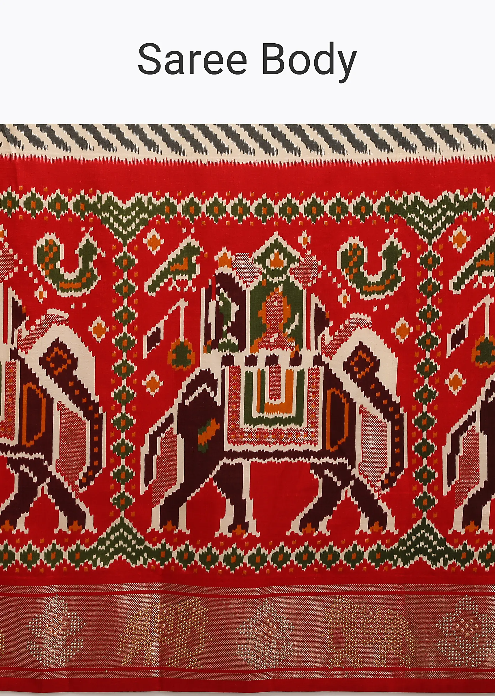 Red Saree In Silk With Multi Colored Patola Print And Diagonal Stripes